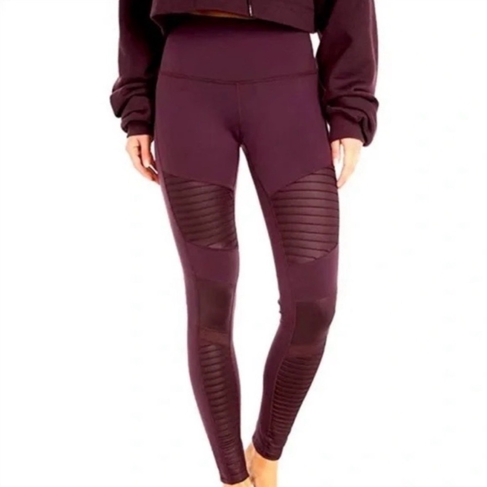 Alo Yoga High Waist Moto Leggings Maroon Sz Small Mesh Quilted Performance Yoga